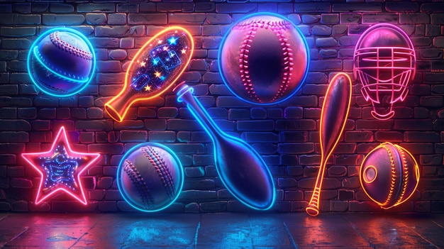 Devise a neon set of sports object symbols including illuminated