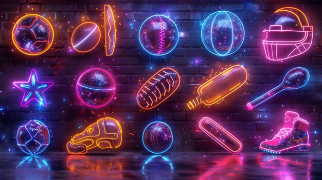 Devise a neon set of sports object symbols including illuminated