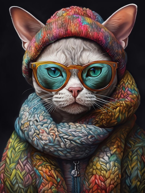 Devon Rex Cat with glasses in wintery clothing and a beanie Generative Ai