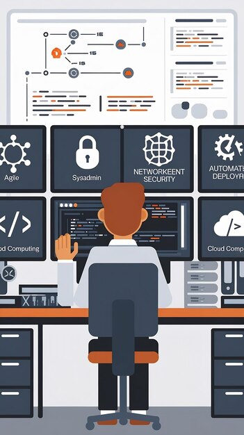 ソフトウェア開発とITオペレーションの DevOps エンジニアはアジャイル方法論のアイコンを備えています