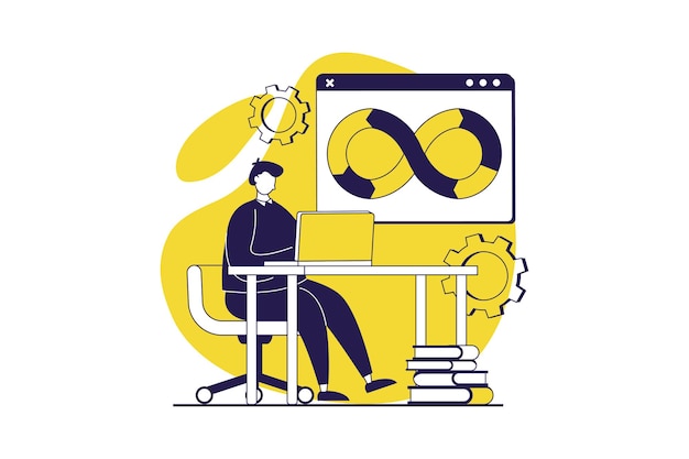 devops web concept with flat people for website design man working with agile production cycles using management and programming connection creating teamwork infrastructure vector illustration
