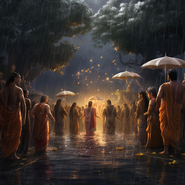 Преданные совершают ритуалы под дождем