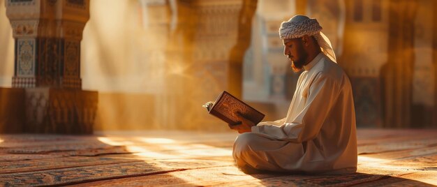 Photo devout muslim in masjid reading quran before prayer