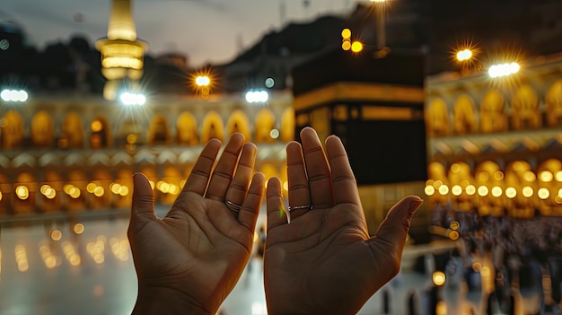 Devout Muslim praying with open hands facing the Kaaba during a serene sunset at the Grand Mosque