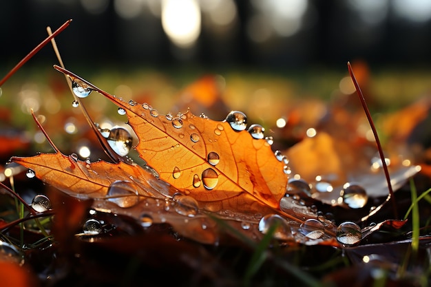 Dew drop on autumn leaves