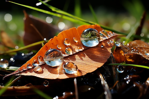 Dew drop on autumn leaves