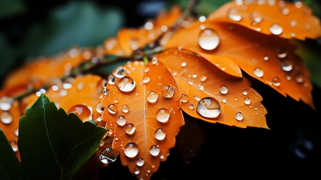 Dew drop on autumn leaves