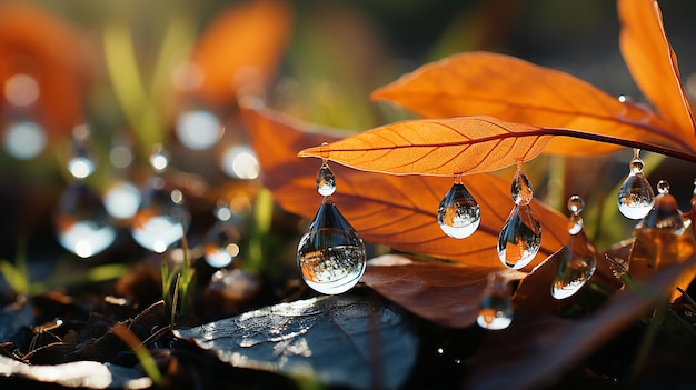 Dew drop on autumn leaves