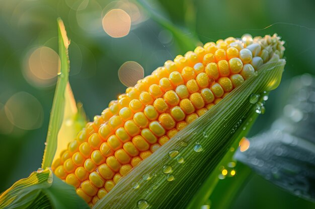 Dew drops glisten on the yellow and white kernels of a corn cob in a sunlit field