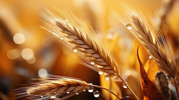 Dew Drops On a gold Ripe Wheat ear closeup