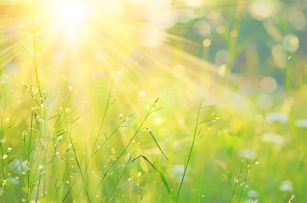 Photo dew drops in the grass on a sunny day