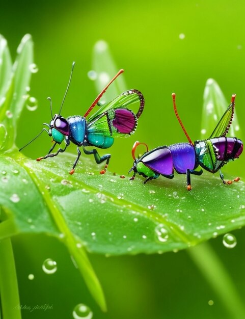 緑の草に露が落ちる、カラフルなバッタ