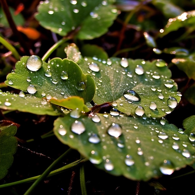 Dew drops on a green leaf