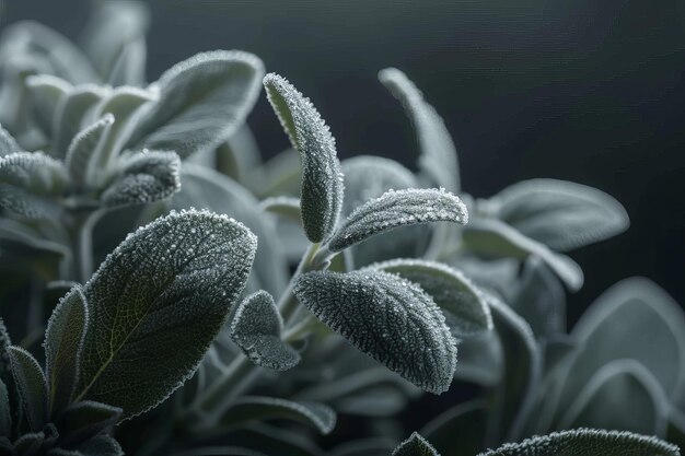 Dew Drops on Sage Leaves in Moody Lighting