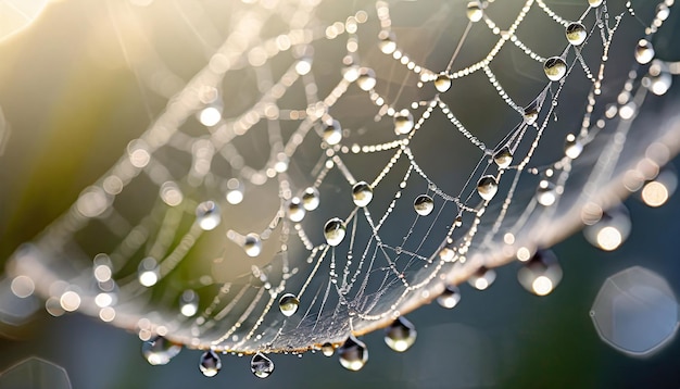 Photo dew drops on the web in the morning swiftlet macro shot