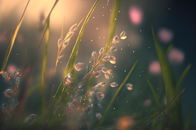 Dew on the fresh spring grass in the field Water drops on a blade of grass after rain closeup macro Blurred background