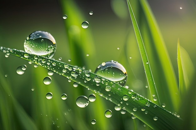 Dew on the fresh spring grass in the field