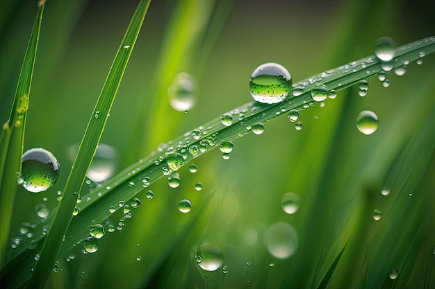 Dew on the fresh spring grass in the field