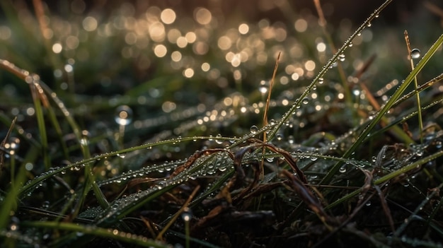 Dew on the grass with the sun shining on it