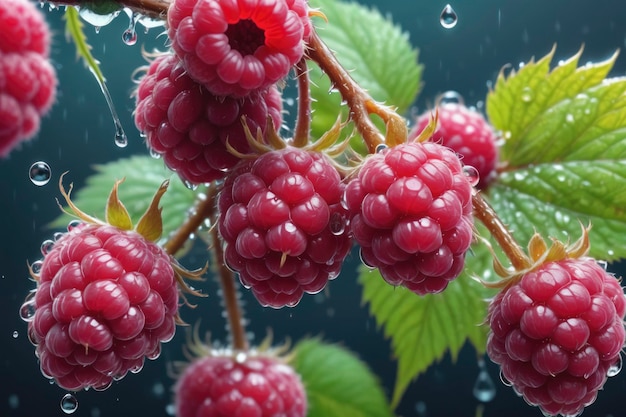 Dew kissed raspberry on branch dynamic wet on wet beauty