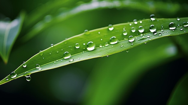 dew sticks to the green leaves