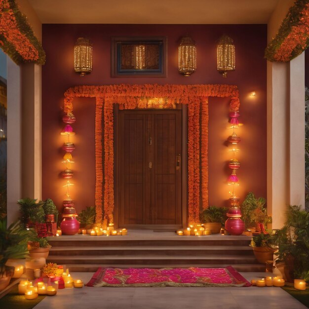 Dewali house decorated with beautiful lights and diya