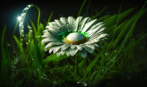 A dewcovered daisy in a field of green grass