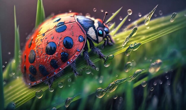 A dewcovered ladybug perched on a blade of grass