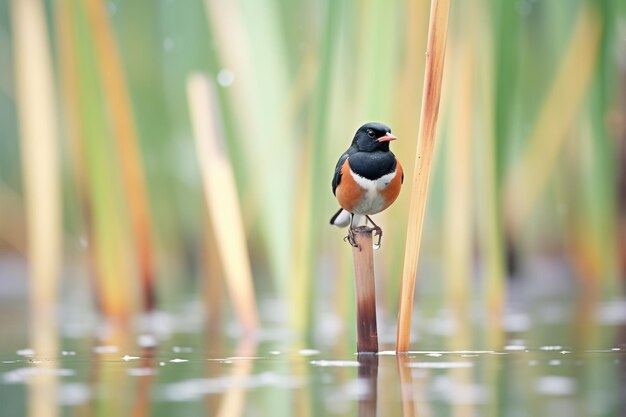 Dewcovered reeds with blackbird perched atop