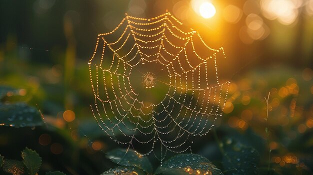 Dewcovered Spiderweb Against the Morning Sunlight