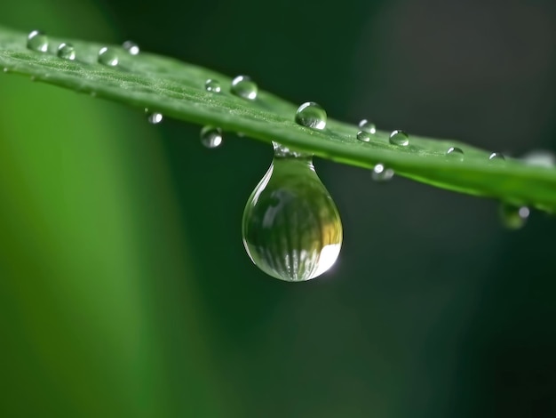 Dewdrop hangs from the tip of a green leaf