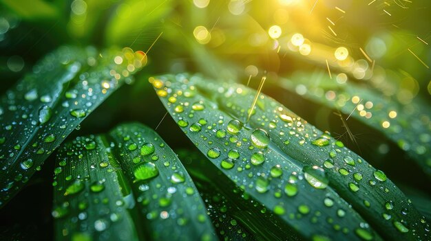 Foto le gocce di rugiada brillano sull'erba verde fresca alla luce del sole mattutino