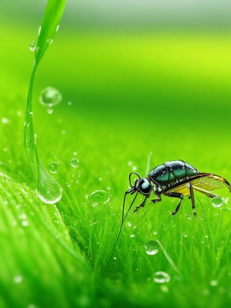 dewdrops green grass grasshoppers