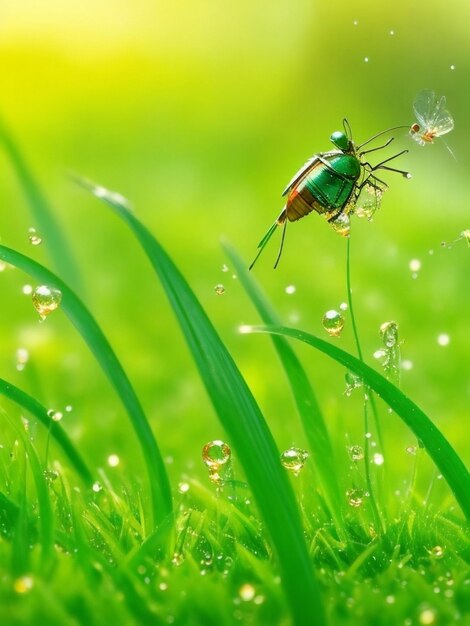 Dewdrops on green grass in the morning