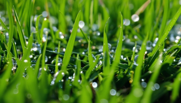 Dewdrops on a vibrant green lawn