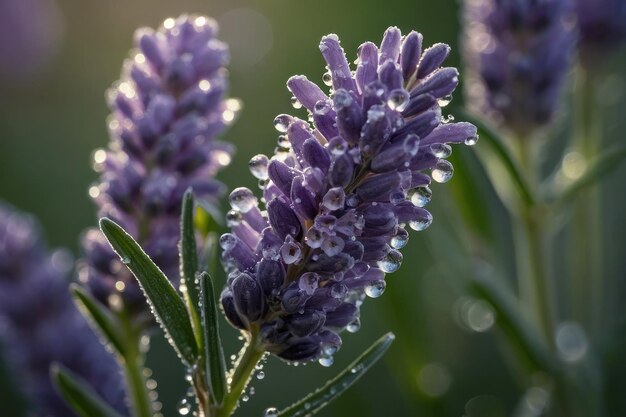 Dewkissed lavender flowers in morning light