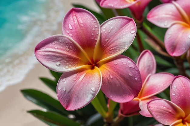 Photo dewkissed plumeria blooms