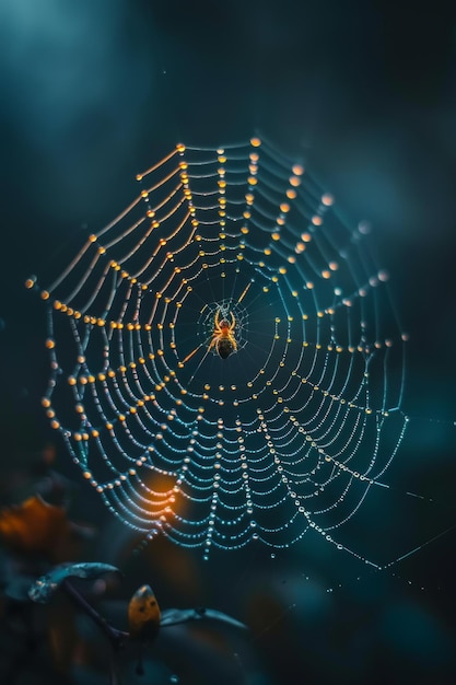 Photo dewkissed spider web with spider in moody ambiance