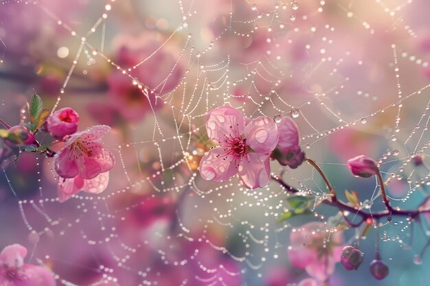 DewKissed Spiders Web Woven Amongst Vibrant Spring Blooms