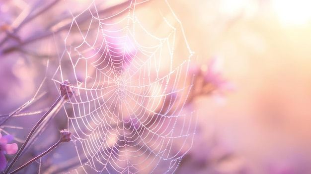 Dewladen spider web against a soft pinkhued sunrise delicate and intricate