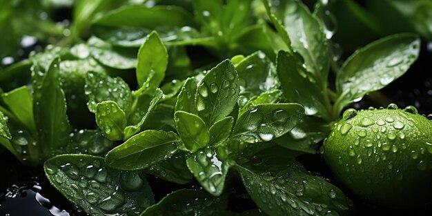 Dewy Delight Closeup of Herbs and Leaves with Water Droplets