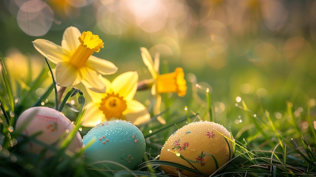 Dewy Easter Eggs among Daffodils