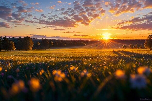 Dewy meadow at dawn sunrise sunset the most beautiful natural scenery wallpaper background