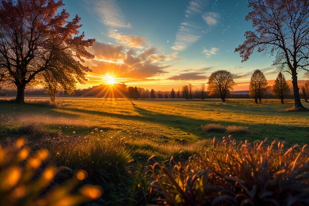 Dewy meadow at dawn sunrise sunset the most beautiful natural scenery wallpaper background