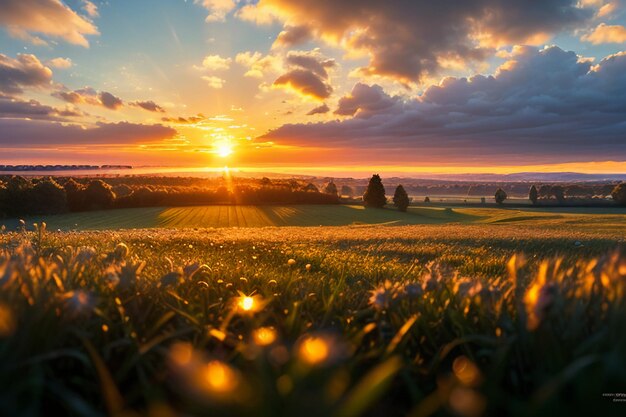 Dewy meadow at dawn sunrise sunset the most beautiful natural scenery wallpaper background