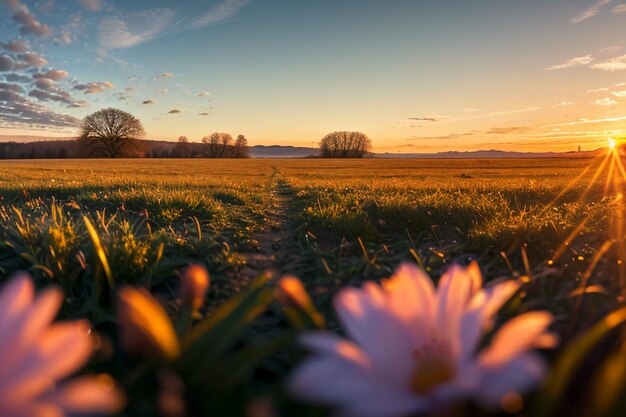 Dewy meadow at dawn sunrise sunset the most beautiful natural scenery wallpaper background