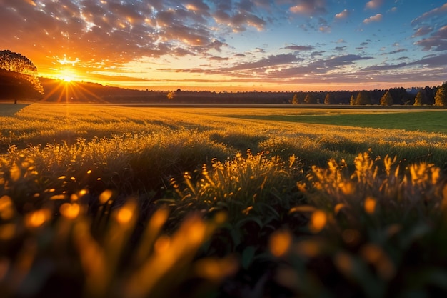 Prato rugiadoso all'alba all'alba al tramonto lo sfondo della carta da parati dello scenario naturale più bello