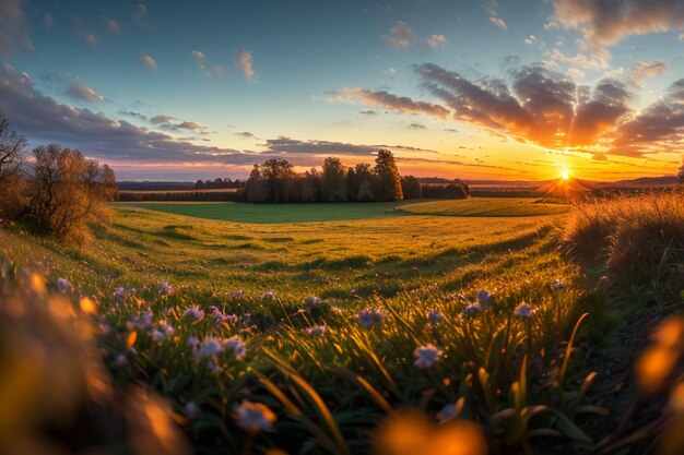 Dewy meadow at dawn sunrise sunset the most beautiful natural scenery wallpaper background