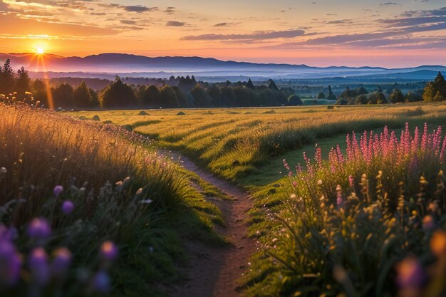 Dewy meadow at dawn sunrise sunset the most beautiful natural scenery wallpaper background