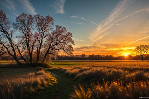 Dewy meadow at dawn sunrise sunset the most beautiful natural scenery wallpaper background